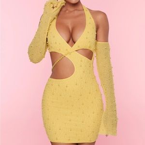 MARSEILLES
Embellished Cold Shoulder Cut Out Mini Dress in Yellow